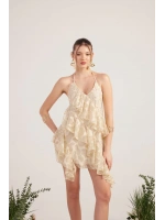 Fırfırlı Parlak Kumaşlı Mini Daniela Elbise Bej
