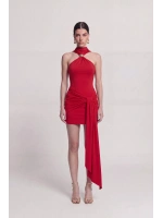 Halter Yaka Aksesuarlı Mini Lilian Elbise Kırmızı