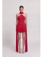 Halter Yaka Aksesuarlı Mini Lilian Elbise Kırmızı