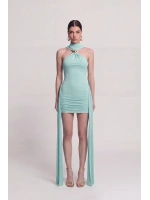 Halter Yaka Aksesuarlı Mini Lilian Elbise Mavi