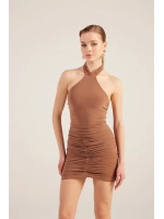 Halter Yaka Büzgülü Mini Perla Elbise Kahve
