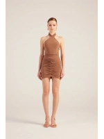 Halter Yaka Büzgülü Mini Perla Elbise Kahve