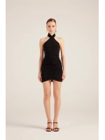 Halter Yaka Büzgülü Mini Perla Elbise Siyah