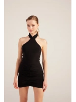 Halter Yaka Büzgülü Mini Perla Elbise Siyah