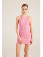 Halter Yakalı Fitilli Mini Carlin Elbise Pembe