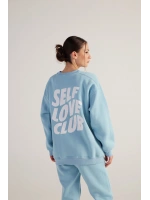 Kadın Mavi Oversize Şardonlu Yazı Baskılı Fluffy Sweatshirt