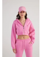 Kadın Pembe Kapüşonlu Uzun Kol Fermuarlı Crop Mixed Sweat