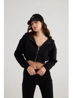 Kadın Siyah Kapüşonlu Uzun Kol Fermuarlı Crop Mixed Sweat