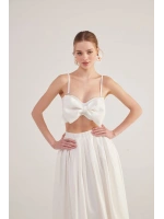 Kurdele Görünümlü Crop Jazmin Bluz Beyaz