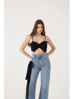 Kurdele Görünümlü Crop Jazmin Bluz Siyah