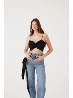 Kurdele Görünümlü Crop Jazmin Bluz Siyah