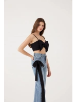 Kurdele Görünümlü Crop Jazmin Bluz Siyah