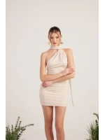 Şal Yaka Sırt Dekolteli Simli Mini Bella Elbise Bej
