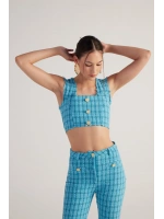 Tüvit Kumaş Crop Tweed Büstiyer Mavi