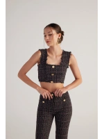 Tüvit Kumaş Crop Tweed Büstiyer Siyah