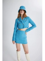 Tüvit Kumaş Crop Tweed Ceket Mavi