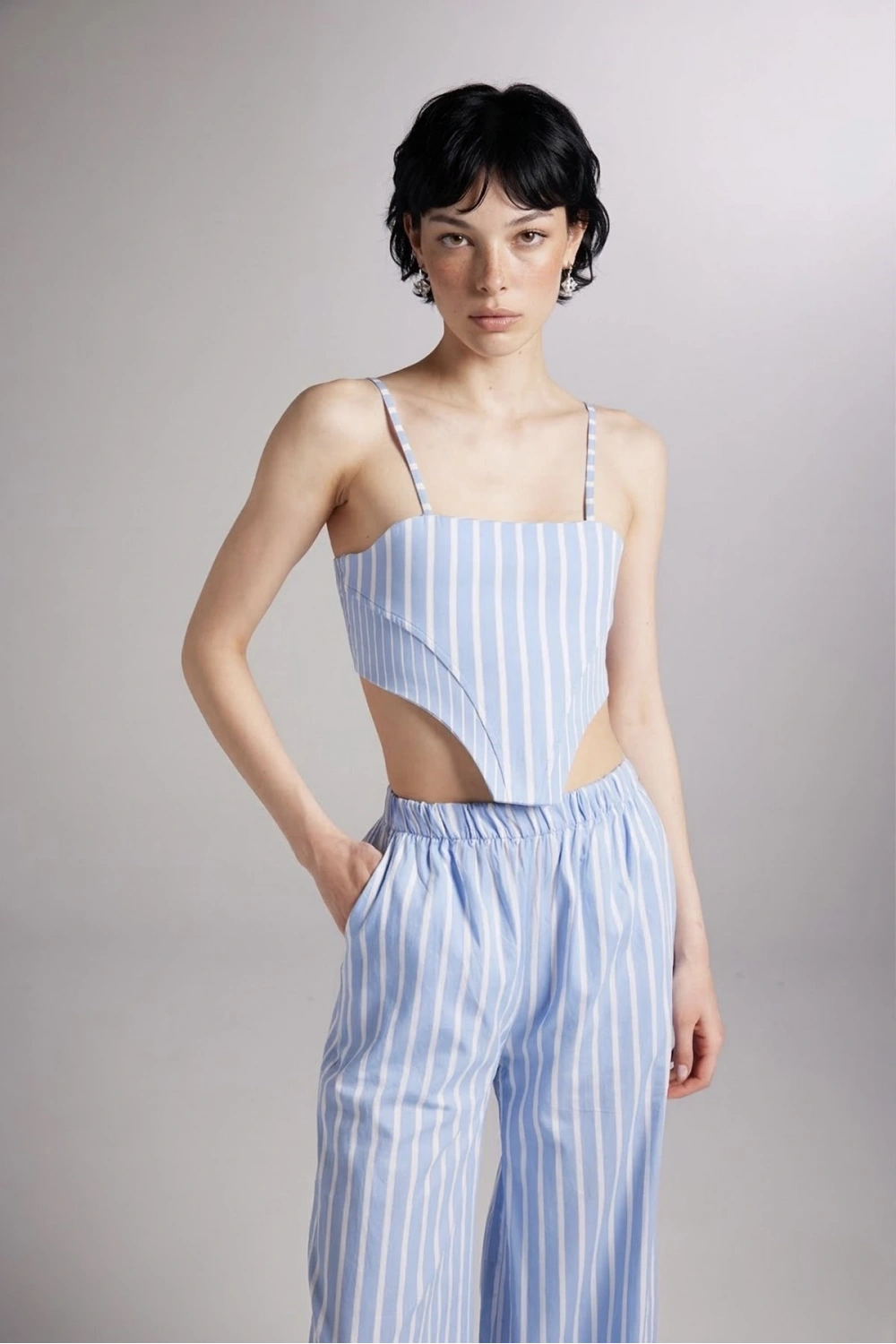 Askılı Çizgili Harmony Poplin Büstiyer Mavi