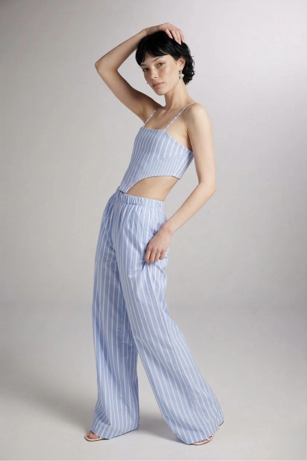 Askılı Çizgili Harmony Poplin Büstiyer Mavi
