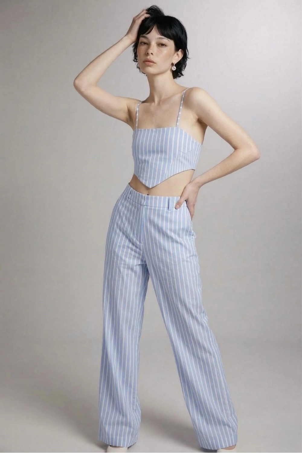 Askılı Çizgili Harmony Poplin Büstiyer Mavi