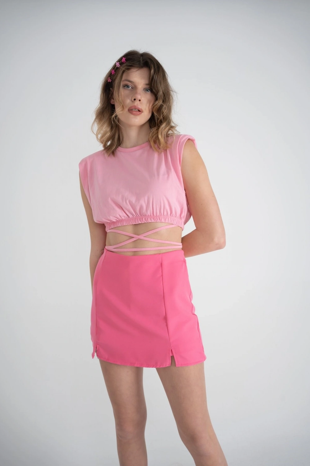 Bel Bağlamalı Crop Candy Tshirt Pembe