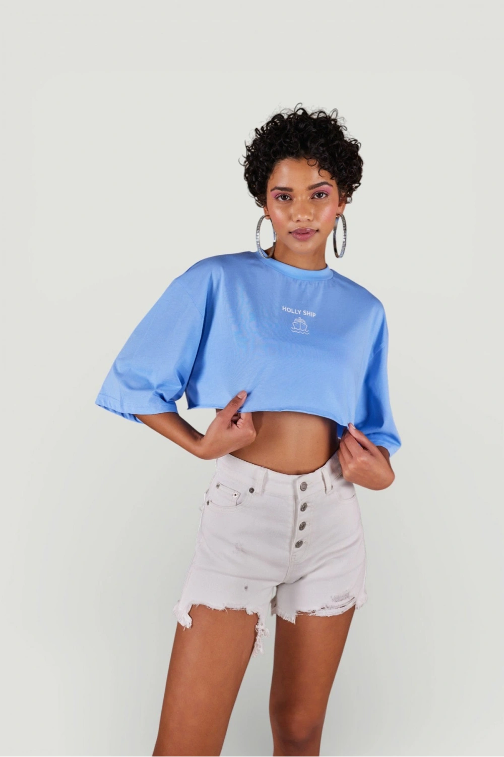 Bisiklet Yaka Crop Tshirt Mavi
