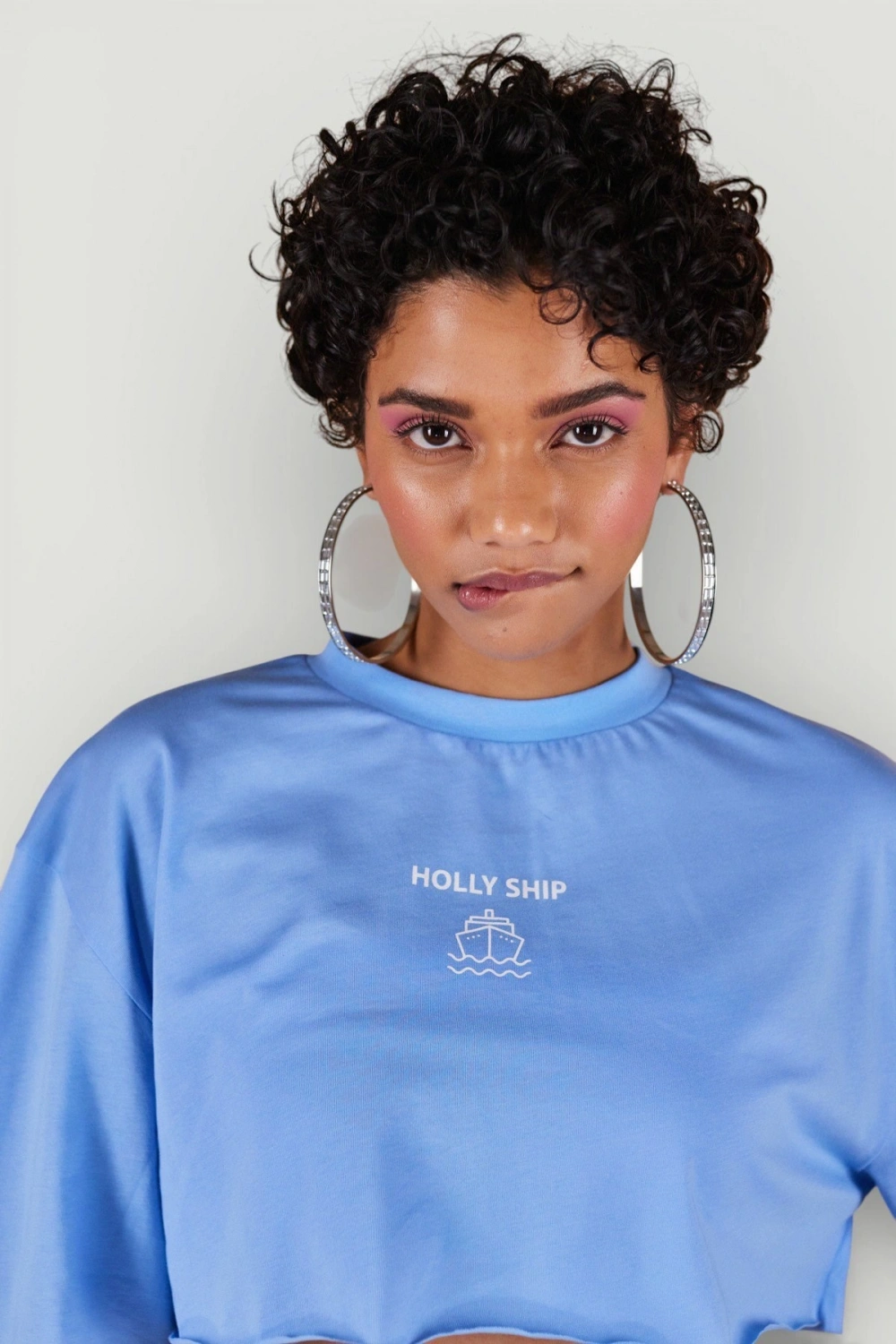 Bisiklet Yaka Crop Tshirt Mavi