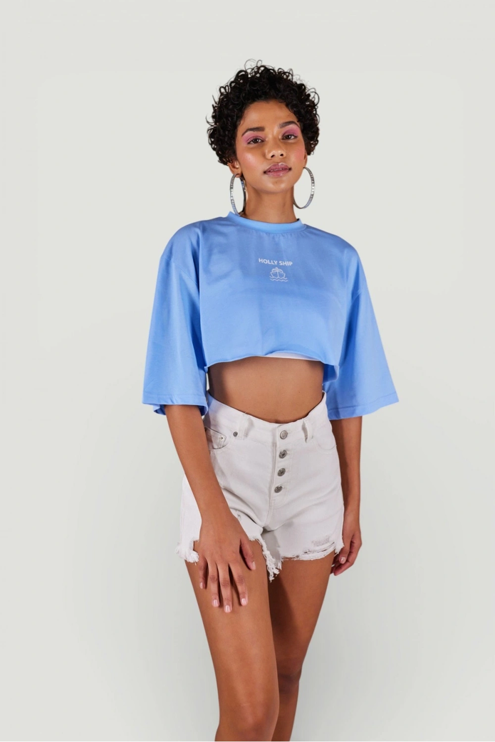Bisiklet Yaka Crop Tshirt Mavi