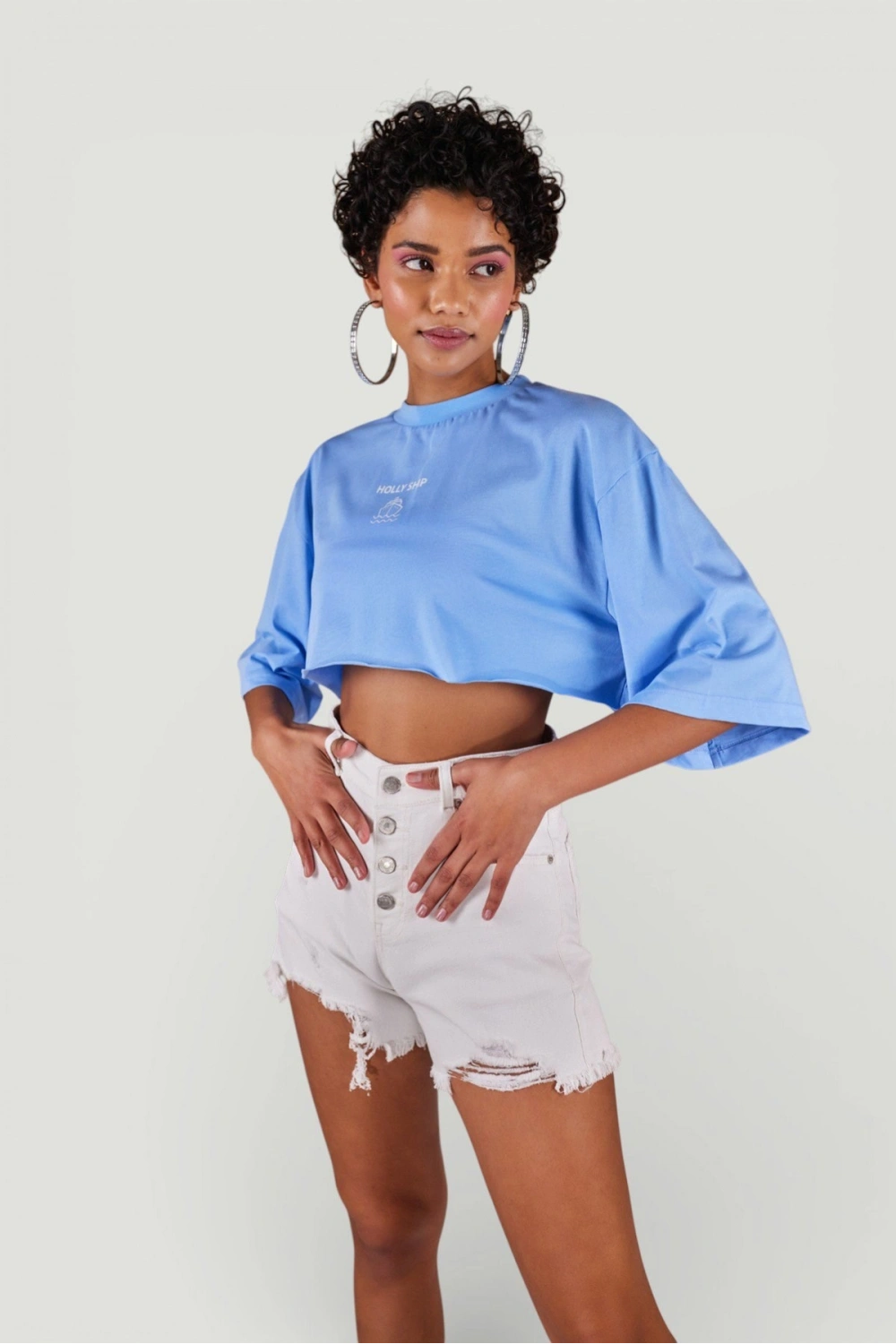 Bisiklet Yaka Crop Tshirt Mavi