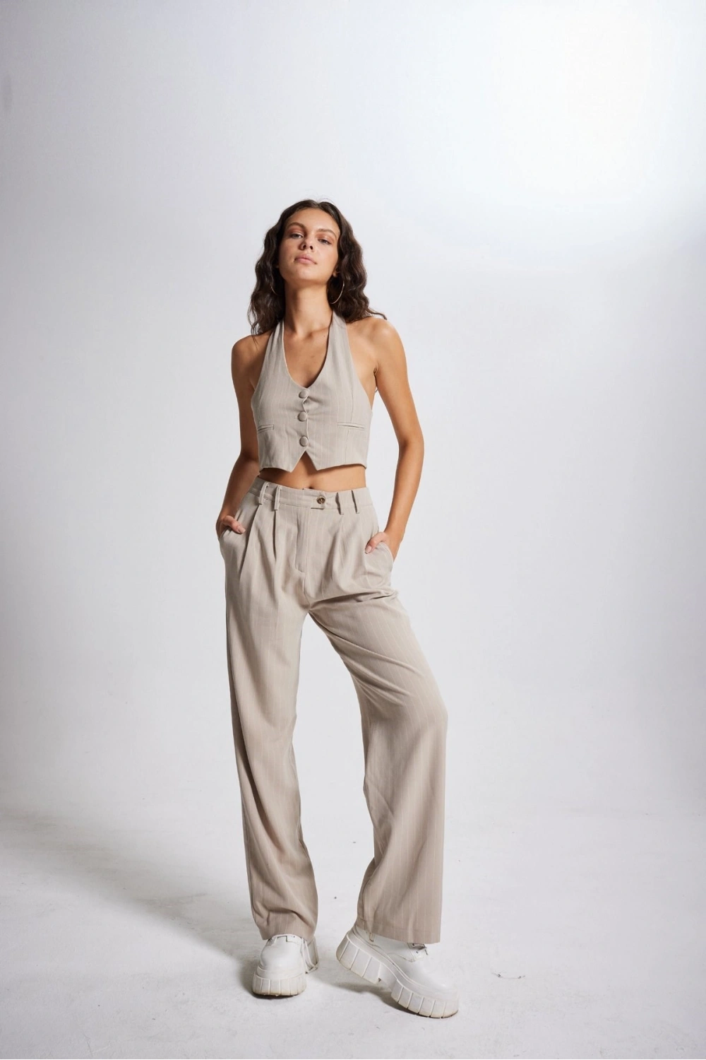 Boyun Bağlamalı Crop Striped Yelek Bej