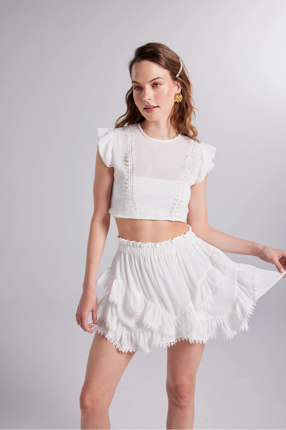 Brode Detaylı Crop Pixie Bluz Beyaz