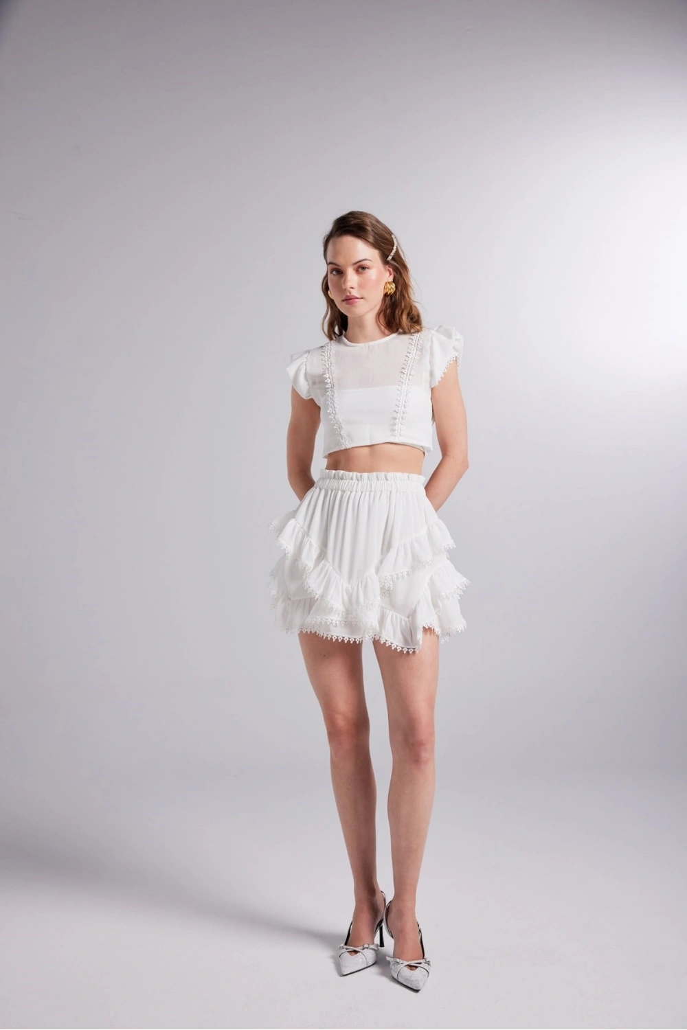Brode Detaylı Crop Pixie Bluz Beyaz