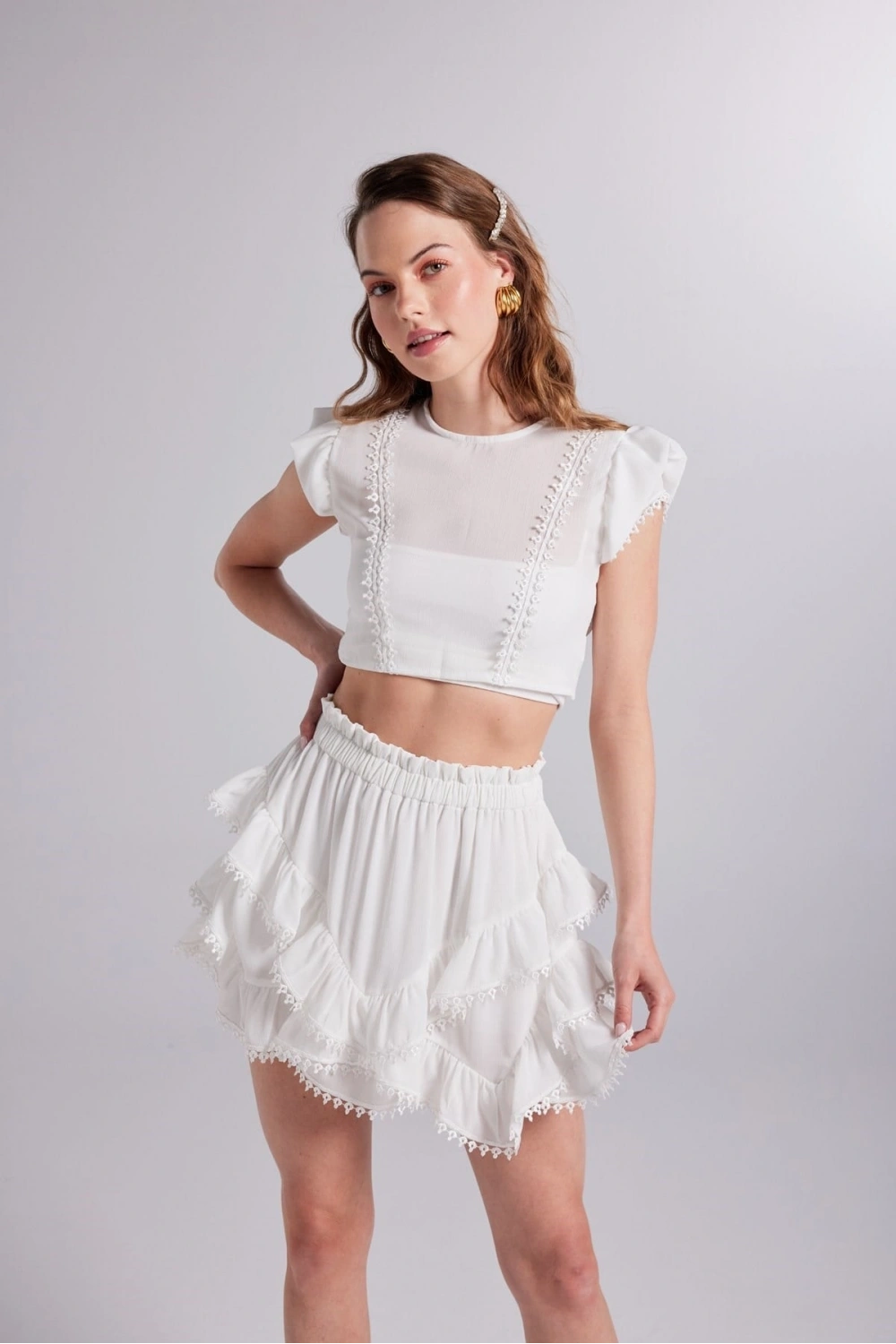Brode Detaylı Crop Pixie Bluz Beyaz