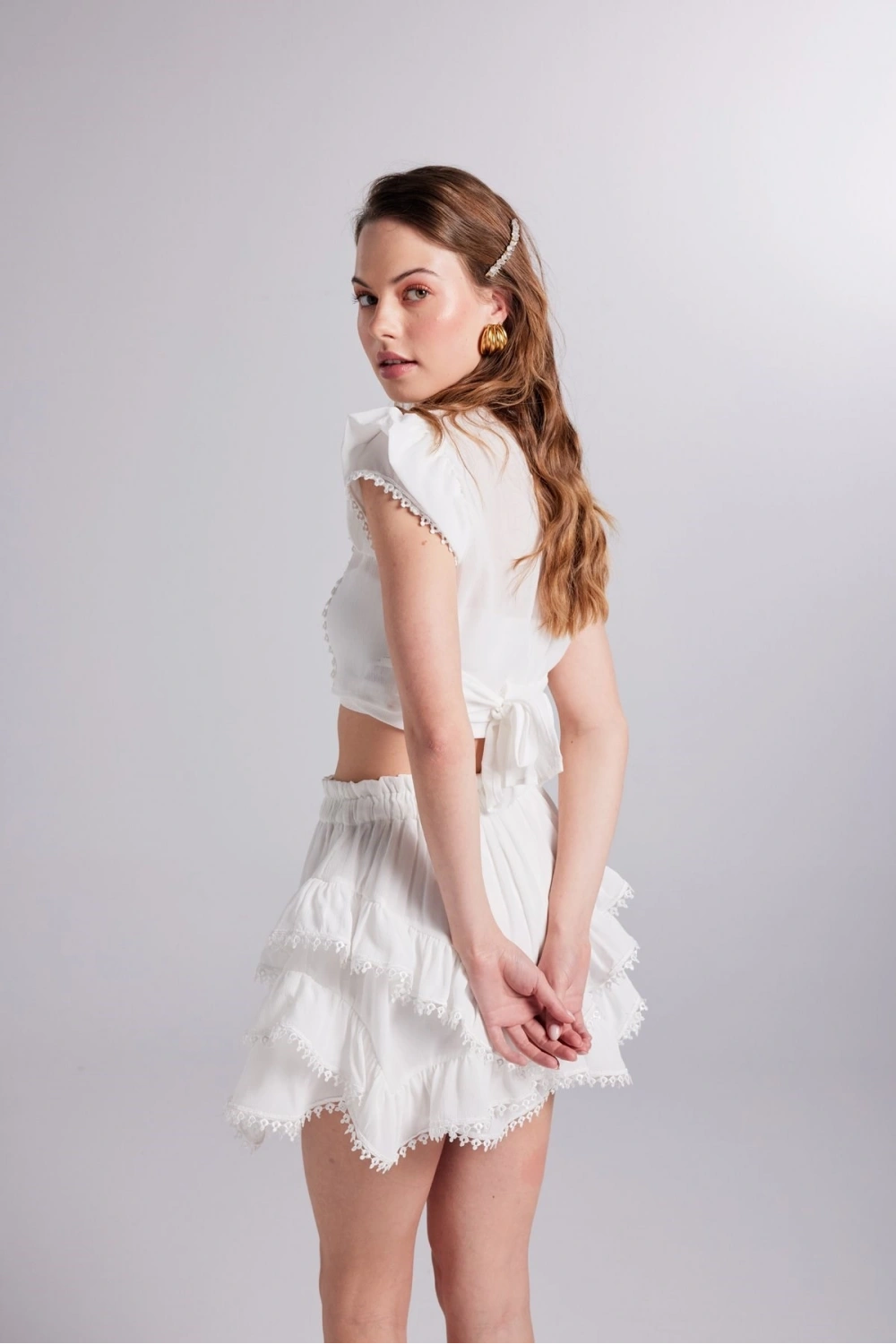 Brode Detaylı Crop Pixie Bluz Beyaz