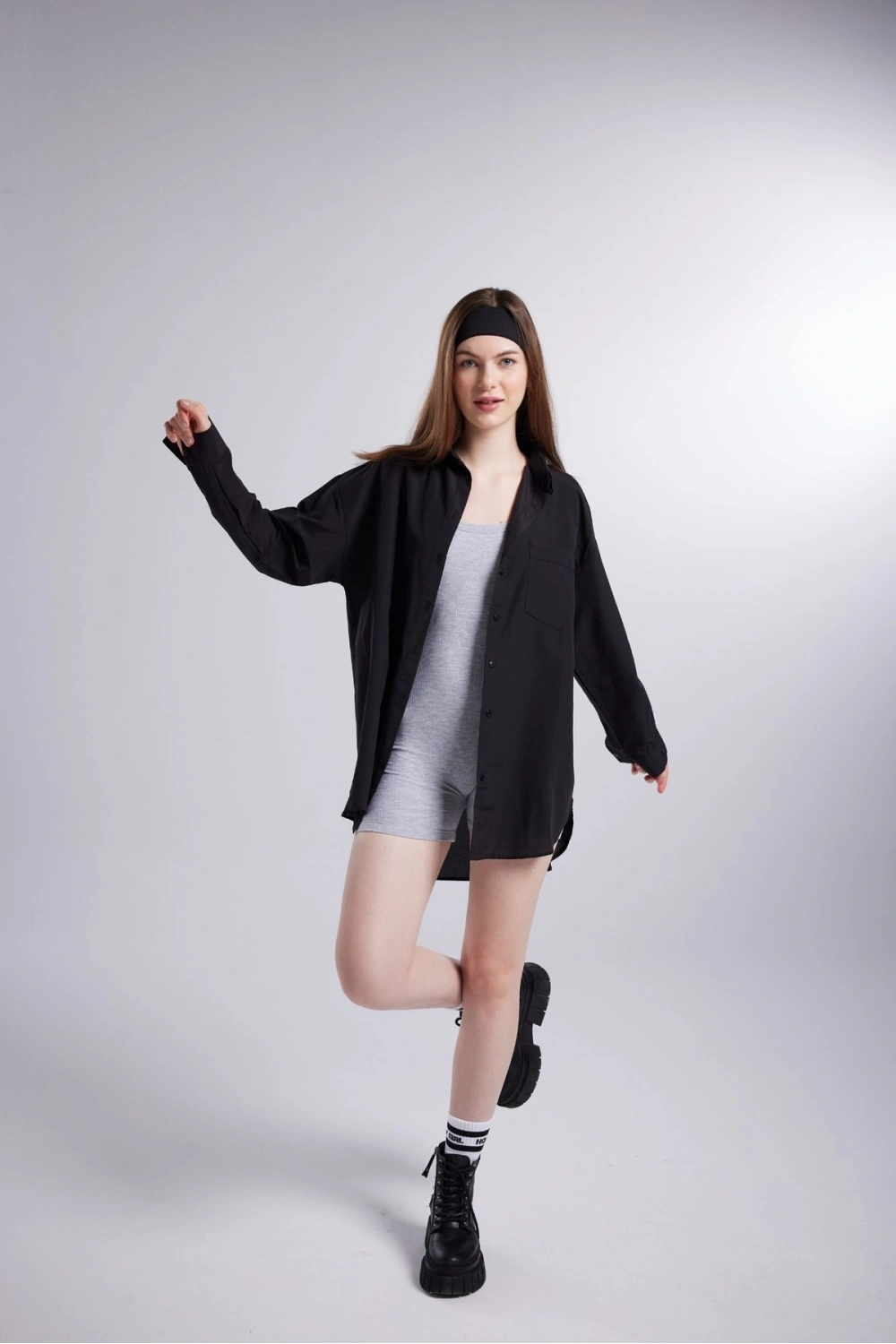 Cepli Oversize Kesim Lovesize Gömlek Siyah