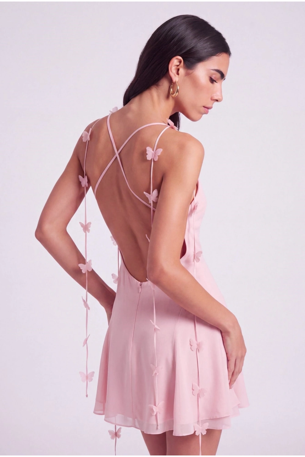 Çiçek Askılı Şifon Mini Melanie Elbise Pembe