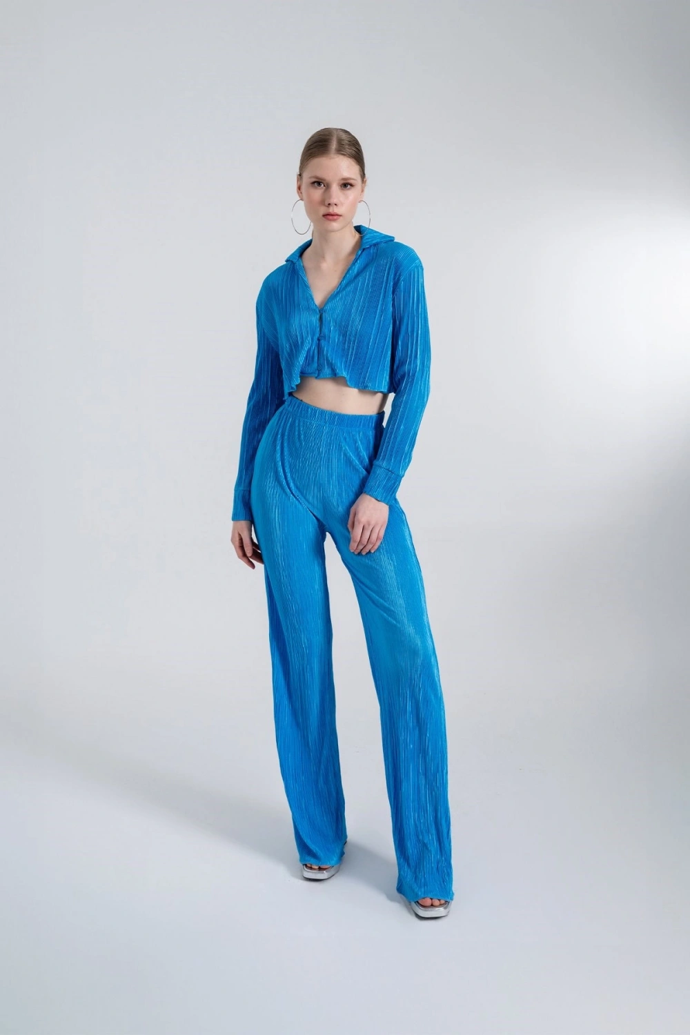 Crop Model Düğme Kapamalı Comfy Crop Gömlek Mavi