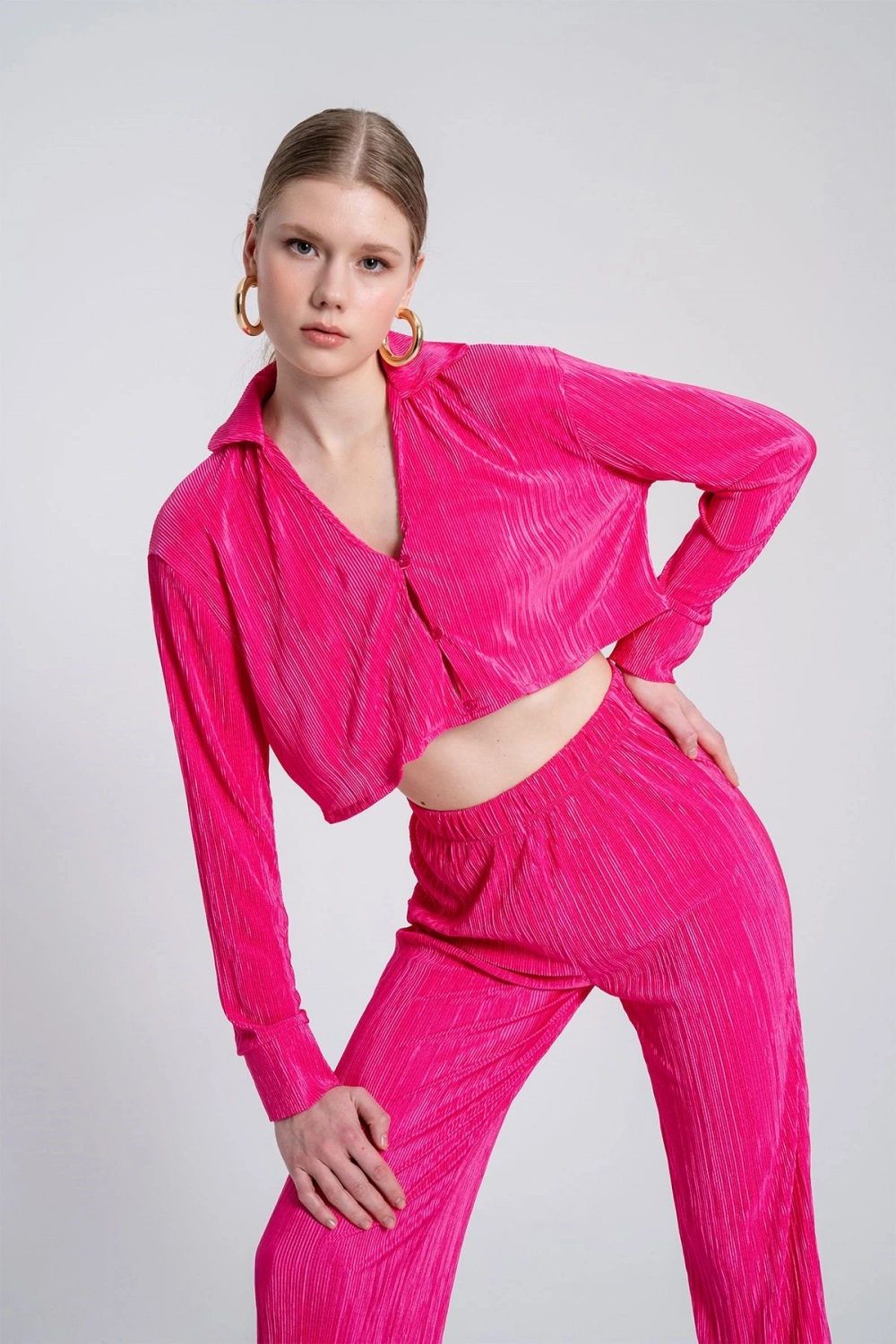 Crop Model Düğme Kapamalı Comfy Crop Gömlek Pembe