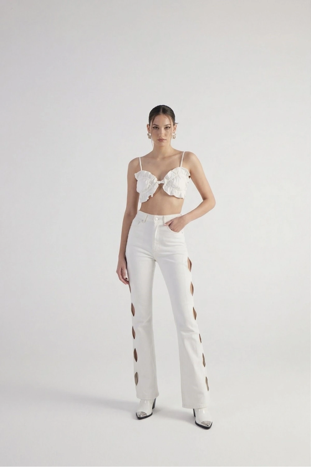 Cutout Jean Pantolon Beyaz