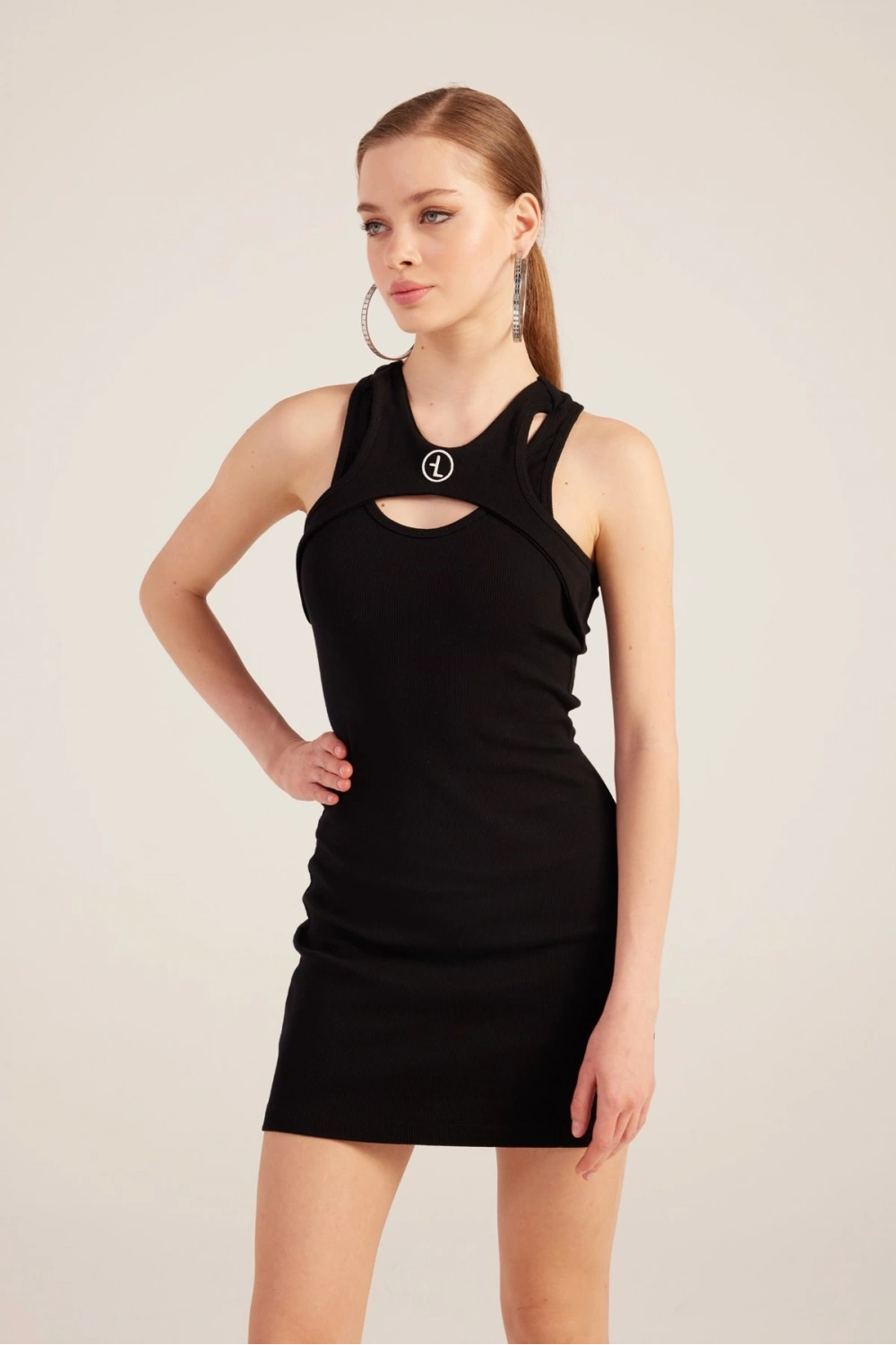 Halter Yakalı Fitilli Mini Carlin Elbise Siyah