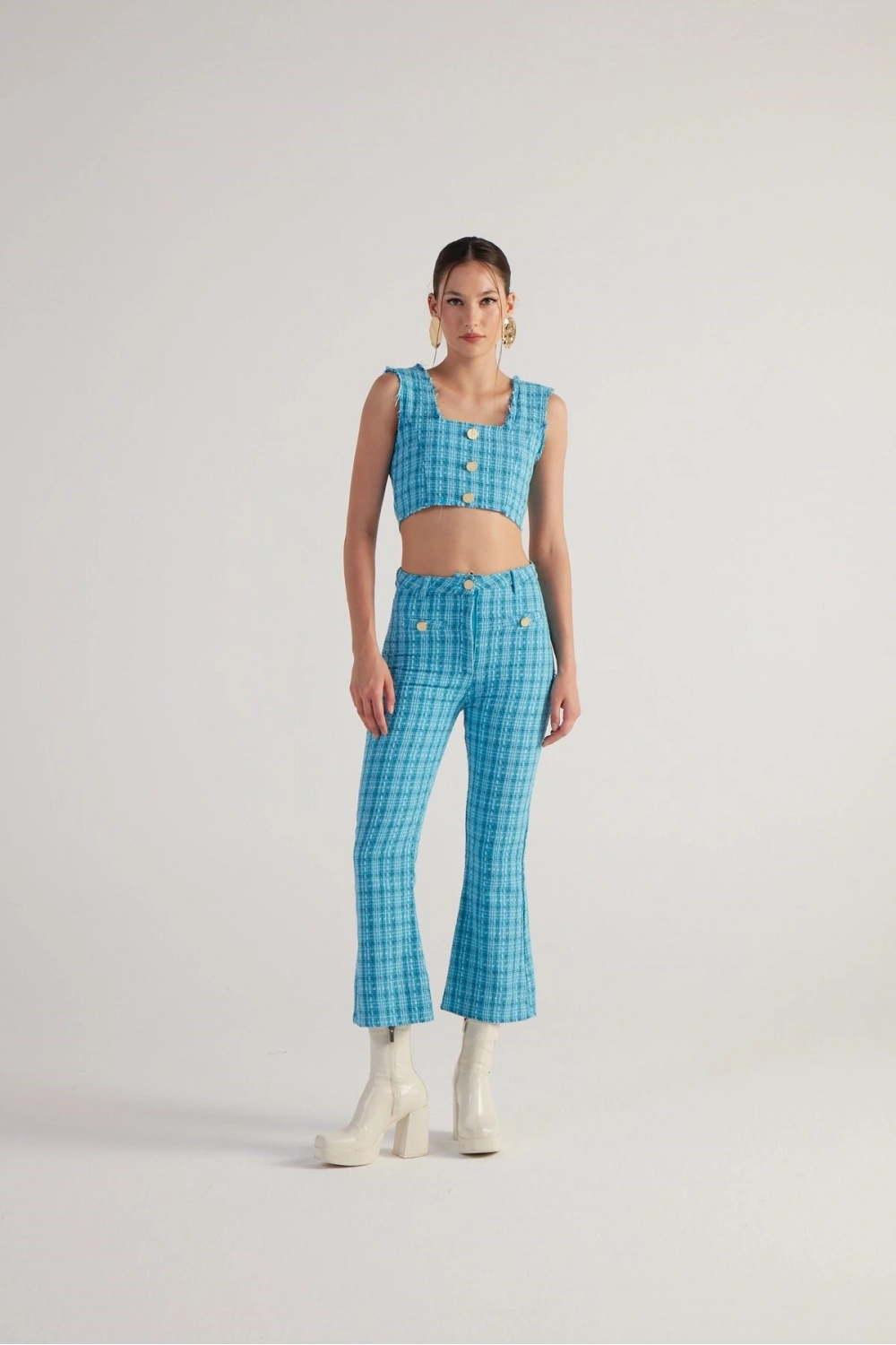 İspanyol Kesim Tüvit Tweed Pantolon Mavi