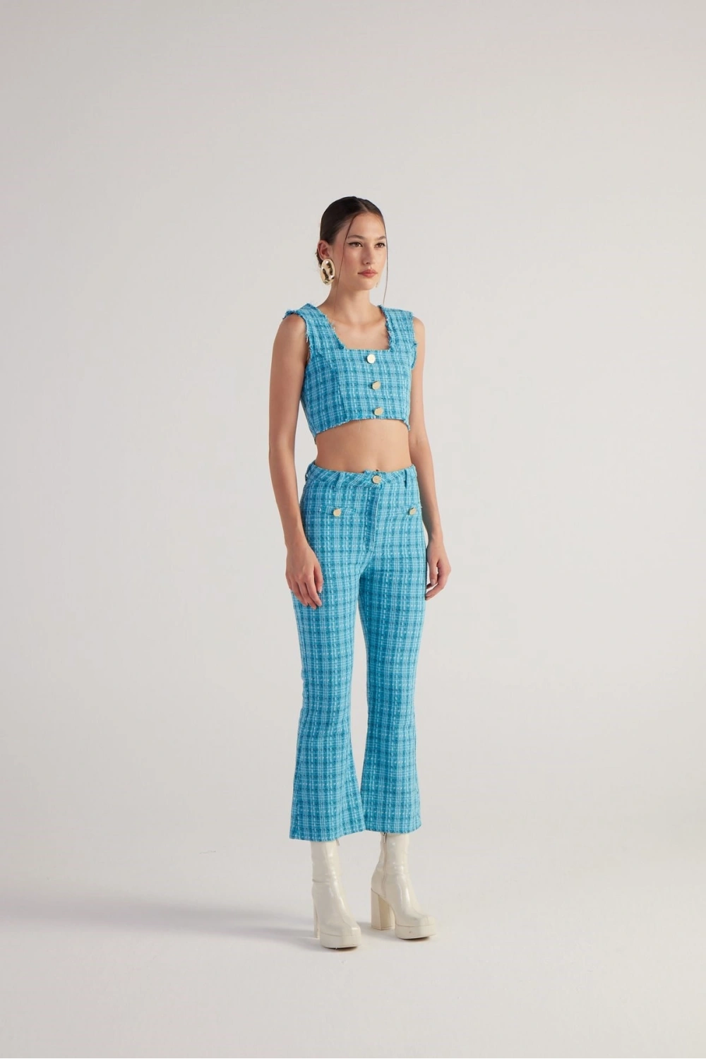 İspanyol Kesim Tüvit Tweed Pantolon Mavi