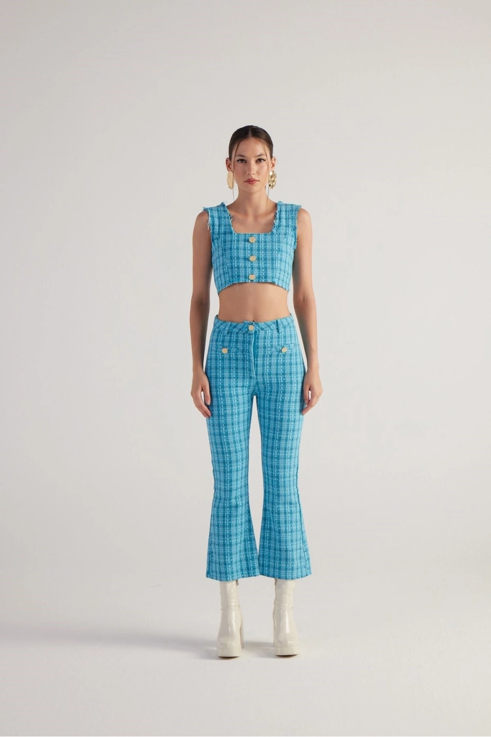 İspanyol Kesim Tüvit Tweed Pantolon Mavi