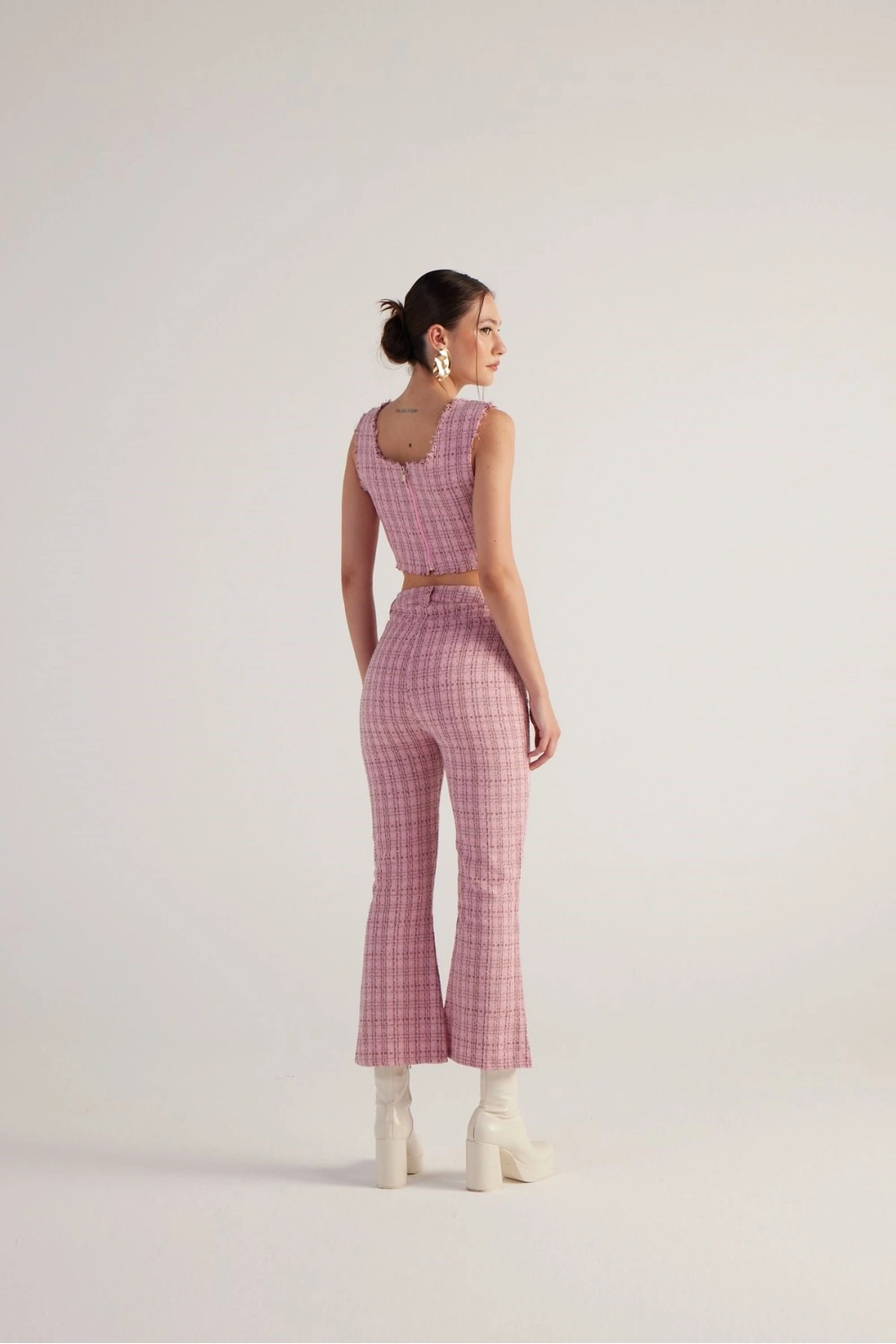 İspanyol Kesim Tüvit Tweed Pantolon Pembe