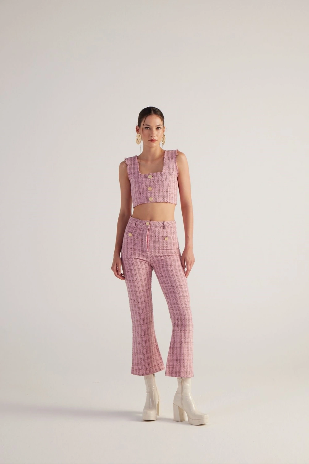 İspanyol Kesim Tüvit Tweed Pantolon Pembe