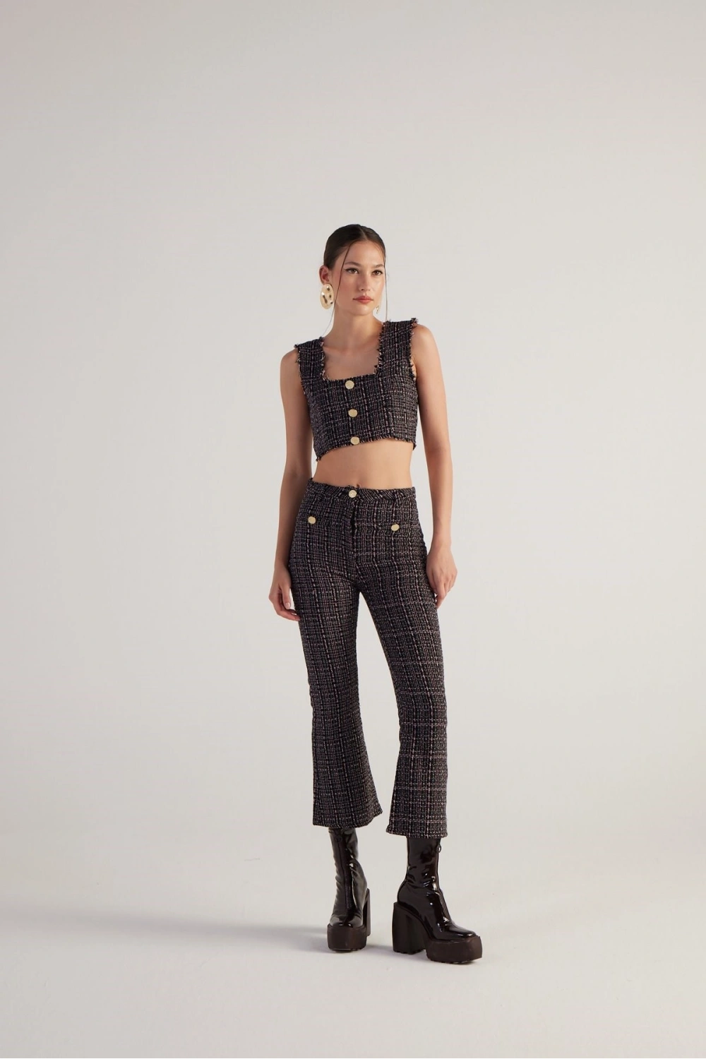 İspanyol Kesim Tüvit Tweed Pantolon Siyah