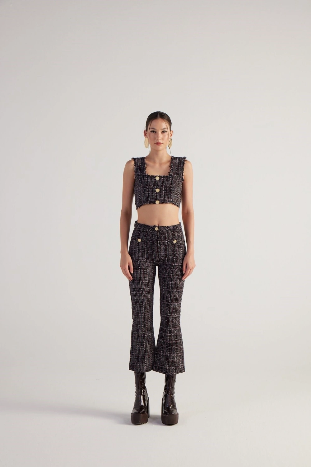 İspanyol Kesim Tüvit Tweed Pantolon Siyah