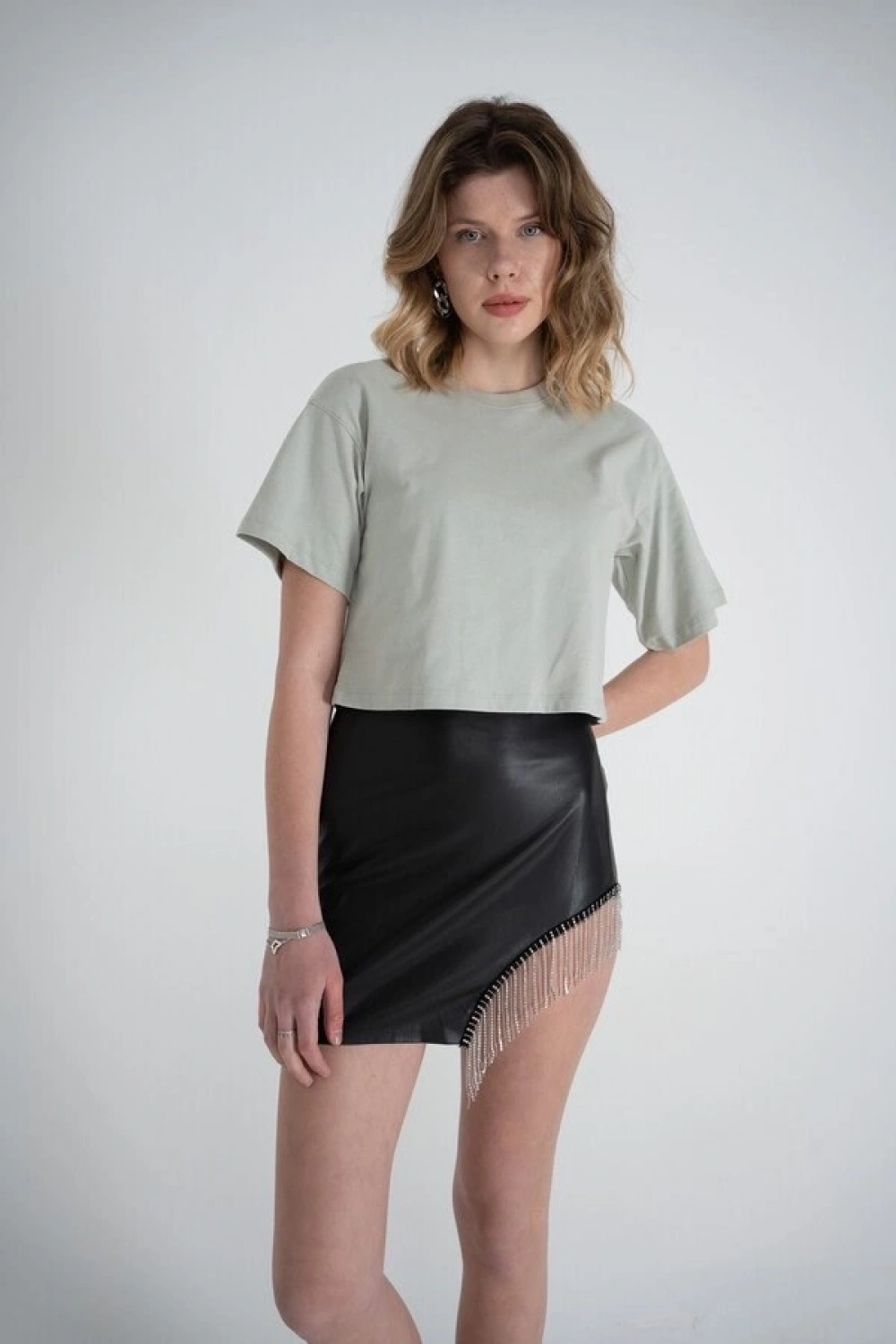 Kısa Kol Bisiklet Yaka Basic Viole Tshirt Haki
