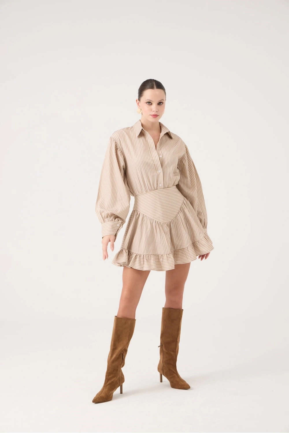 Korse Görünümlü Mini Ashley Elbise Bej