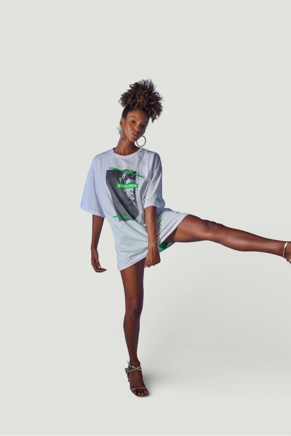 Oversize Baskılı Stalker T-Shirt Beyaz
