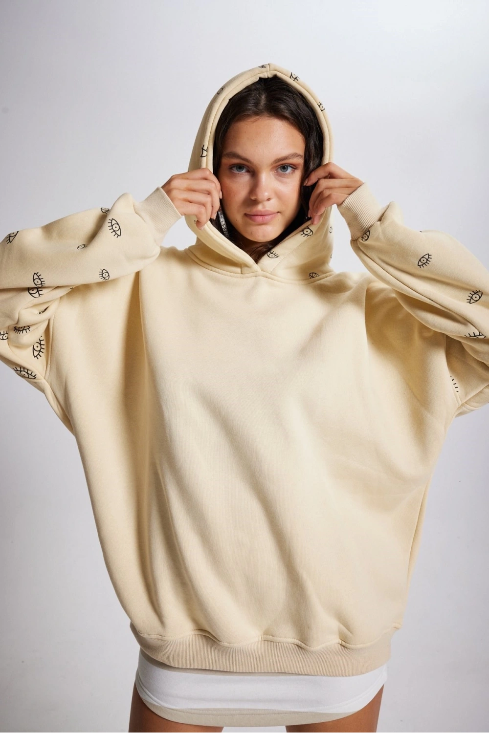 Oversize Kapüşonlu Unisex Eye Sweat Bej